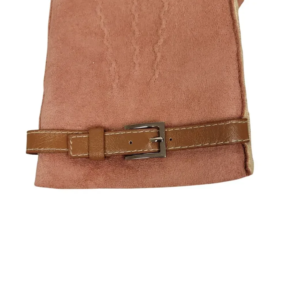 Talbots Womens Faux Suede Driving Gloves Sz S/M Sherpa Lined Belted Pink